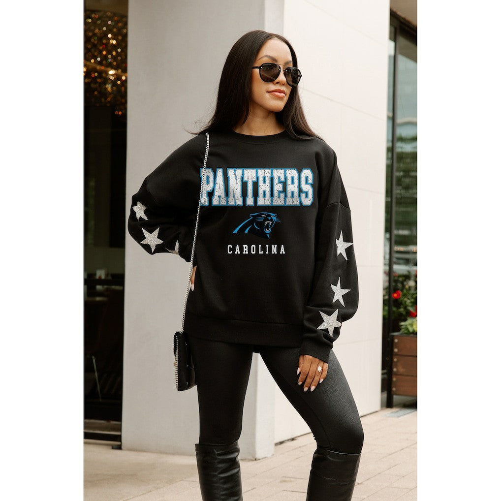 Carolina Panthers Gameday Couture Women's Velocity Relaxed Rhinestone Pullover Sweatshirt Black | NFL