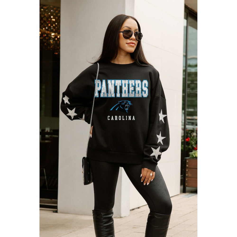 Carolina Panthers Gameday Couture Women's Velocity Relaxed Rhinestone Pullover Sweatshirt Black | NFL