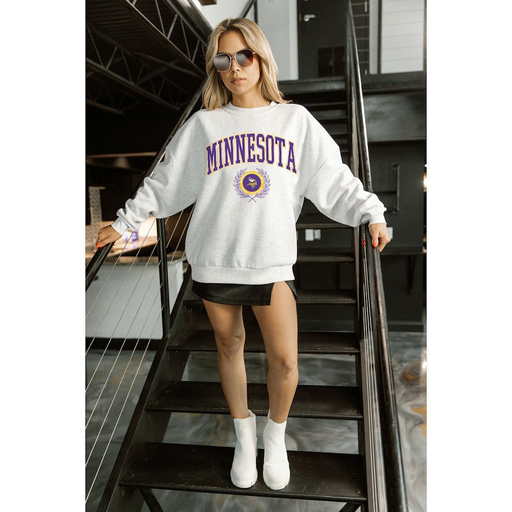 Minnesota Vikings Gameday Couture Women's Traditional Logo Oversized Premium Fleece Pullover Sweatshirt Ash | NFL