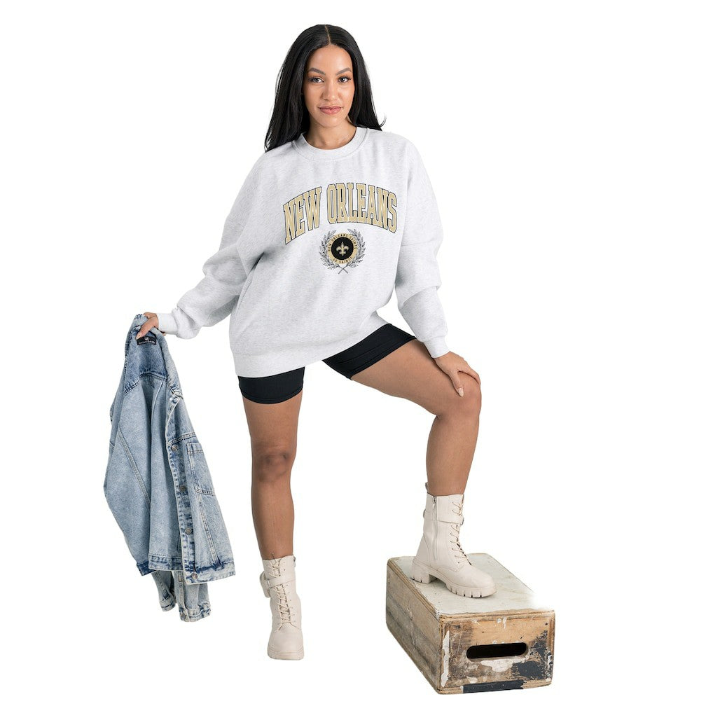 New Orleans Saints Gameday Couture Women's Traditional Logo Oversized Premium Fleece Pullover Sweatshirt Ash | NFL