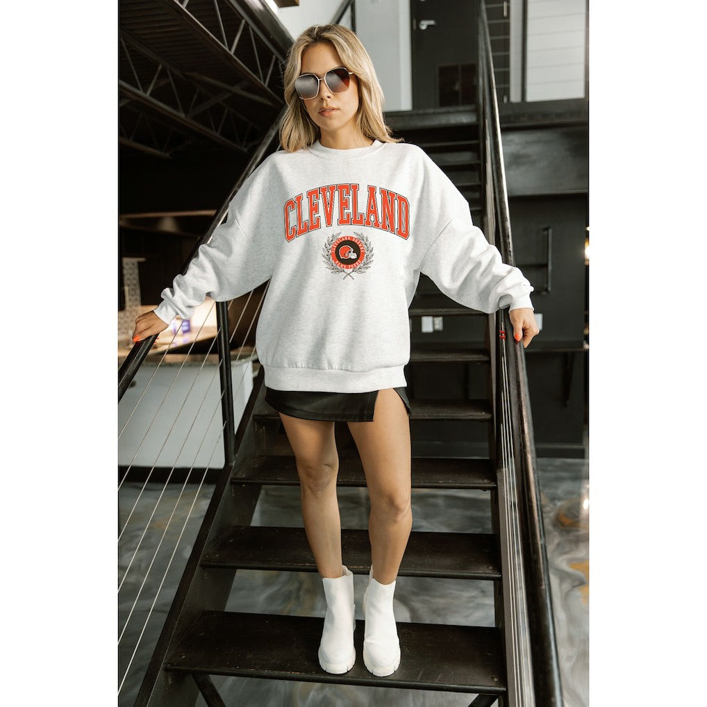 Cleveland Browns Gameday Couture Women's Traditional Logo Oversized Premium Fleece Pullover Sweatshirt Ash | NFL