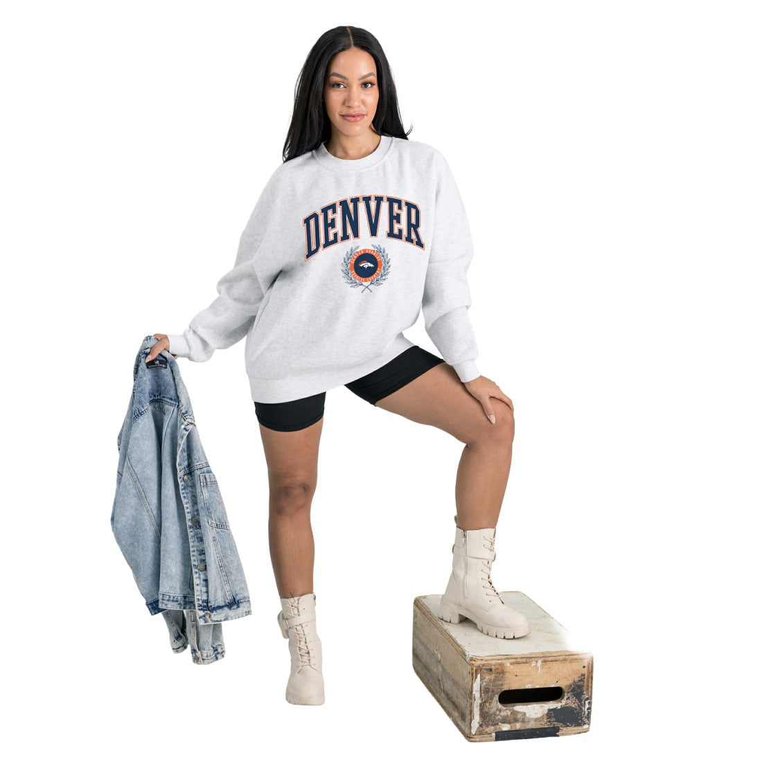 Denver Broncos Gameday Couture Women's Traditional Logo Oversized Premium Fleece Pullover Sweatshirt Ash | NFL