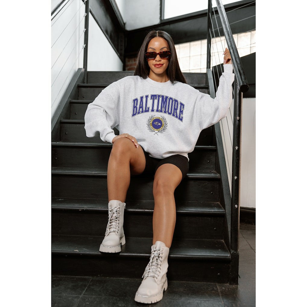 Baltimore Ravens Gameday Couture Women's Traditional Logo Oversized Premium Fleece Pullover Sweatshirt Ash | NFL