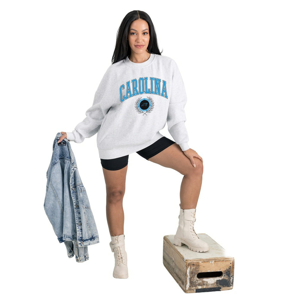 Carolina Panthers Gameday Couture Women's Traditional Logo Oversized Premium Fleece Pullover Sweatshirt Ash | NFL