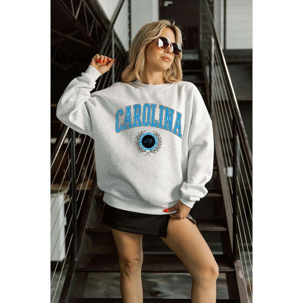 Carolina Panthers Gameday Couture Women's Traditional Logo Oversized Premium Fleece Pullover Sweatshirt Ash | NFL