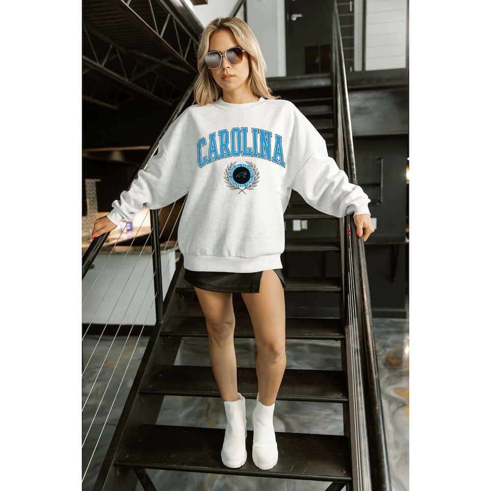 Carolina Panthers Gameday Couture Women's Traditional Logo Oversized Premium Fleece Pullover Sweatshirt Ash | NFL