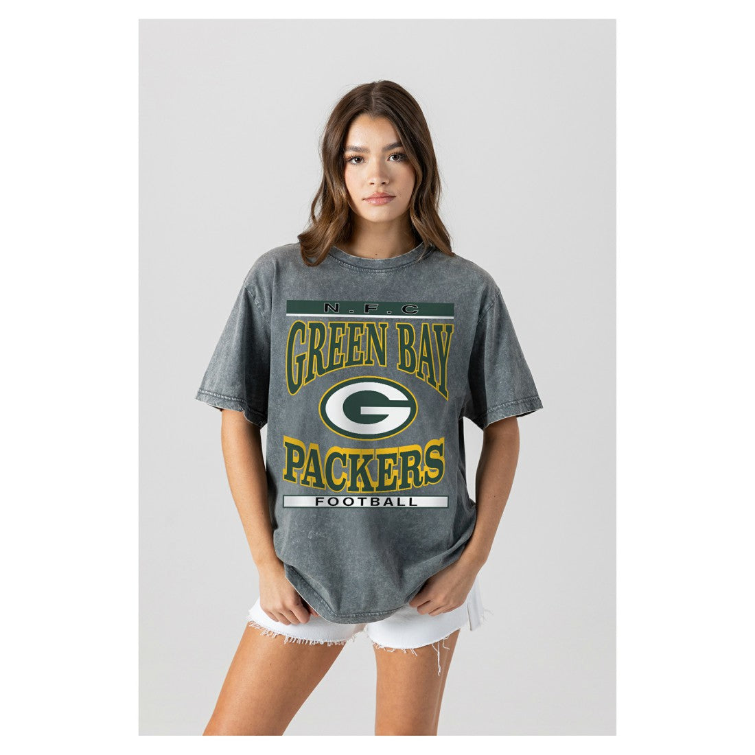 Green Bay Packers Gameday Couture Women's Oversized Classic Grind Washed T-Shirt Gray | NFL