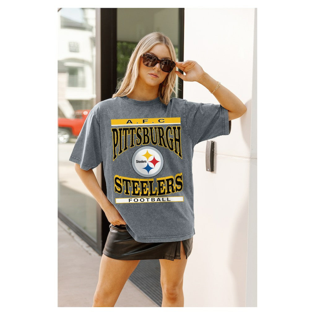 Pittsburgh Steelers Gameday Couture Women's Oversized Classic Grind Washed T-Shirt Gray | NFL