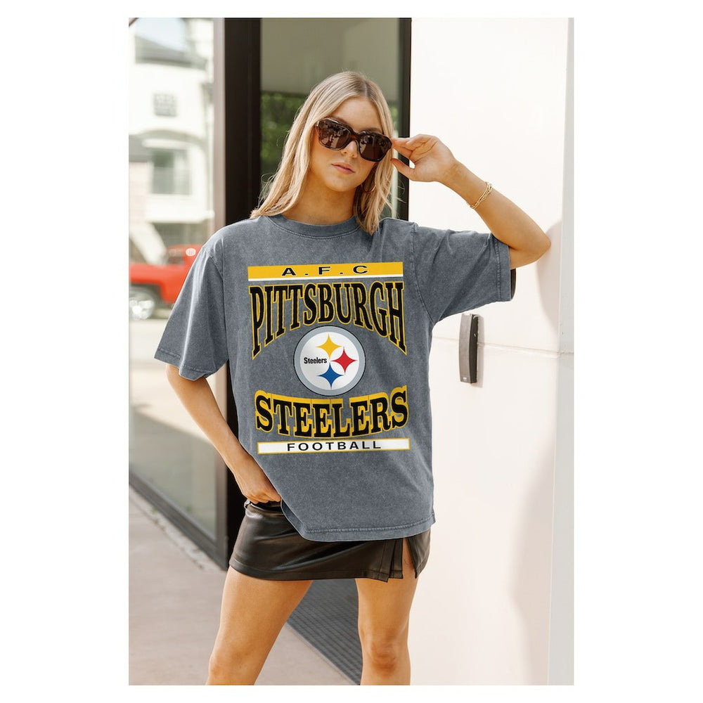 Pittsburgh Steelers Gameday Couture Women's Oversized Classic Grind Washed T-Shirt Gray | NFL
