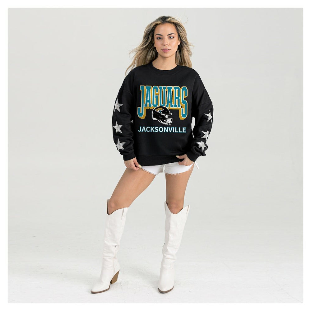 Jacksonville Jaguars Gameday Couture Women's Pure Victory Rhinestud Star-Sleeve Pullover Sweatshirt Black | NFL