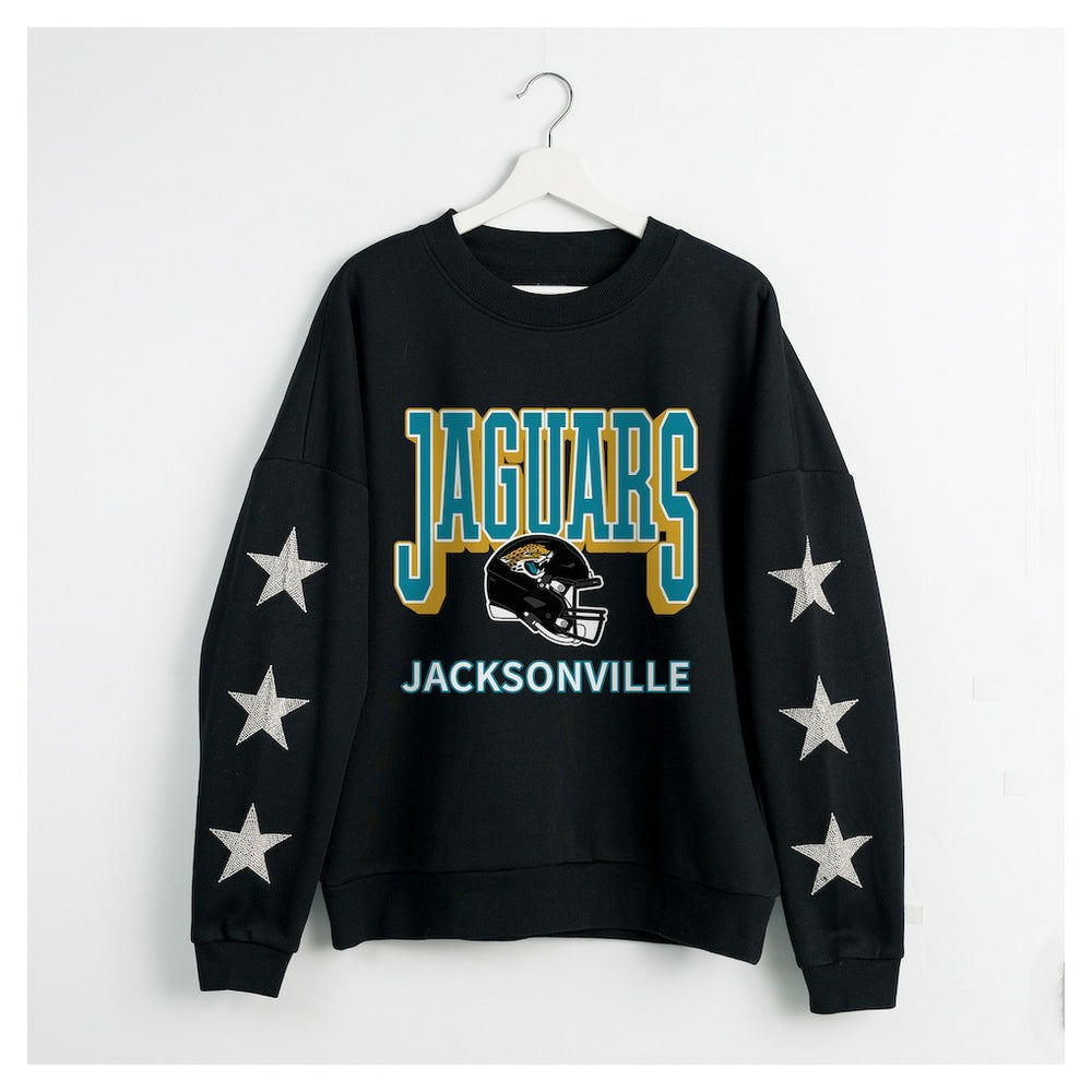 Jacksonville Jaguars Gameday Couture Women's Pure Victory Rhinestud Star-Sleeve Pullover Sweatshirt Black | NFL