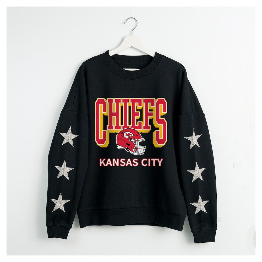 Kansas City Chiefs Gameday Couture Women's Pure Victory Rhinestud Star-Sleeve Pullover Sweatshirt Black | NFL