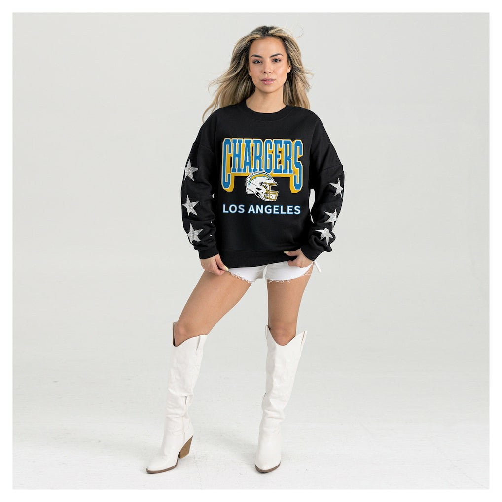 Los Angeles Chargers Gameday Couture Women's Pure Victory Rhinestud Star-Sleeve Pullover Sweatshirt Black | NFL