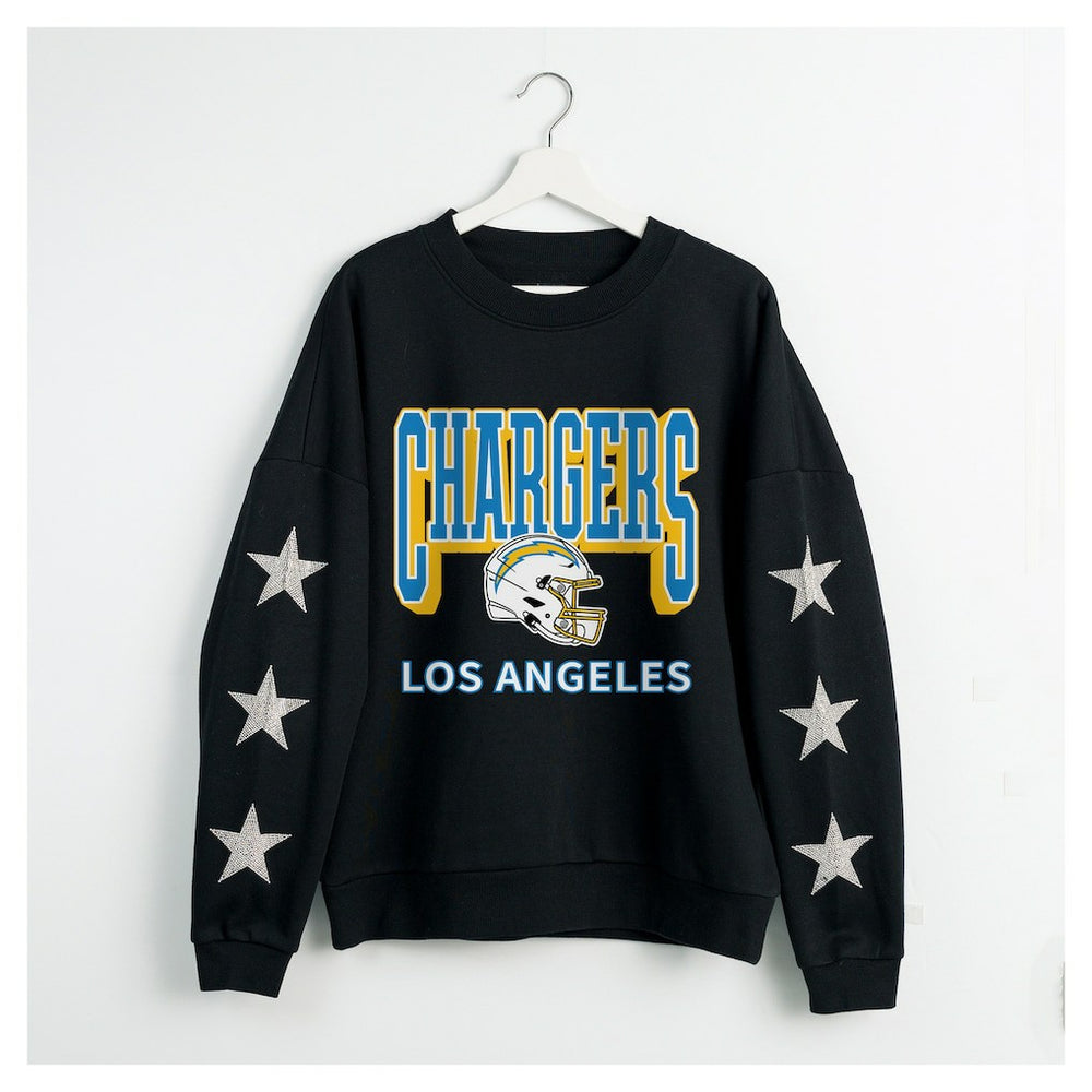 Los Angeles Chargers Gameday Couture Women's Pure Victory Rhinestud Star-Sleeve Pullover Sweatshirt Black | NFL
