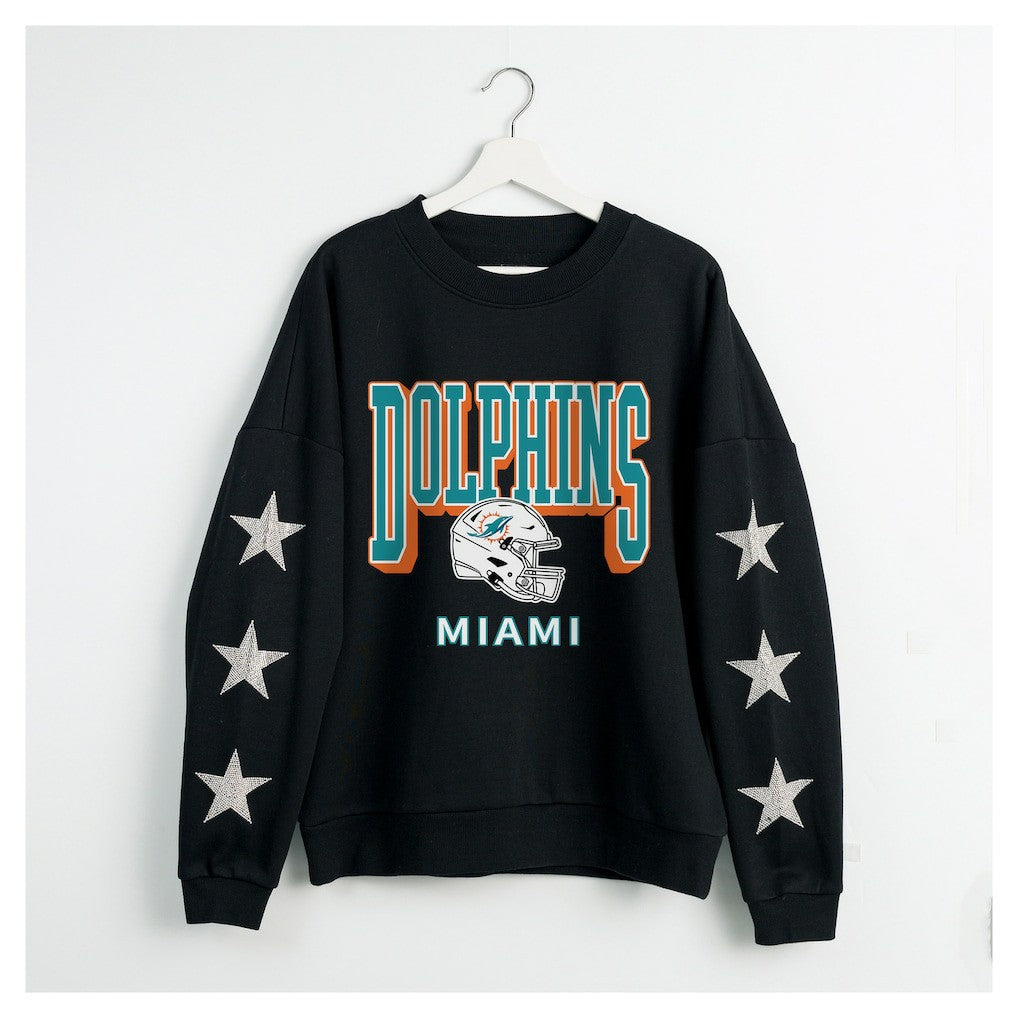 Miami Dolphins Gameday Couture Women's Pure Victory Rhinestud Star-Sleeve Pullover Sweatshirt Black | NFL