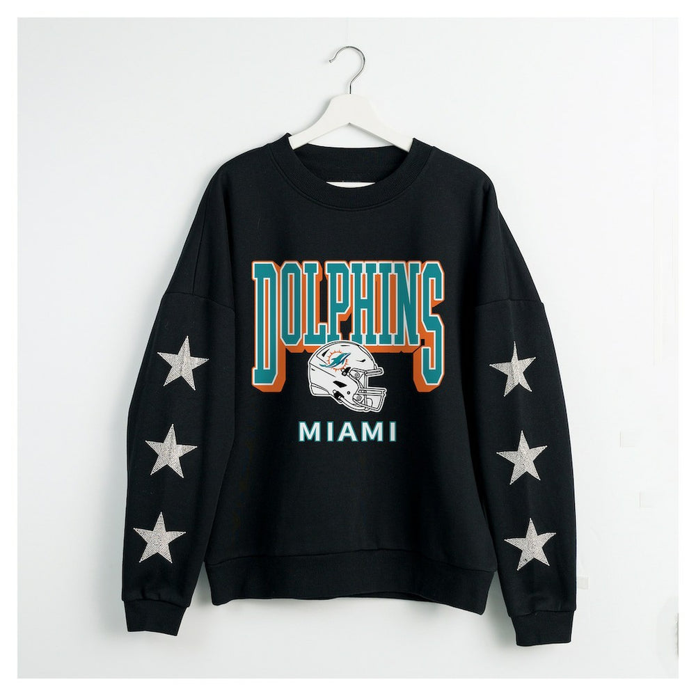 Miami Dolphins Gameday Couture Women's Pure Victory Rhinestud Star-Sleeve Pullover Sweatshirt Black | NFL