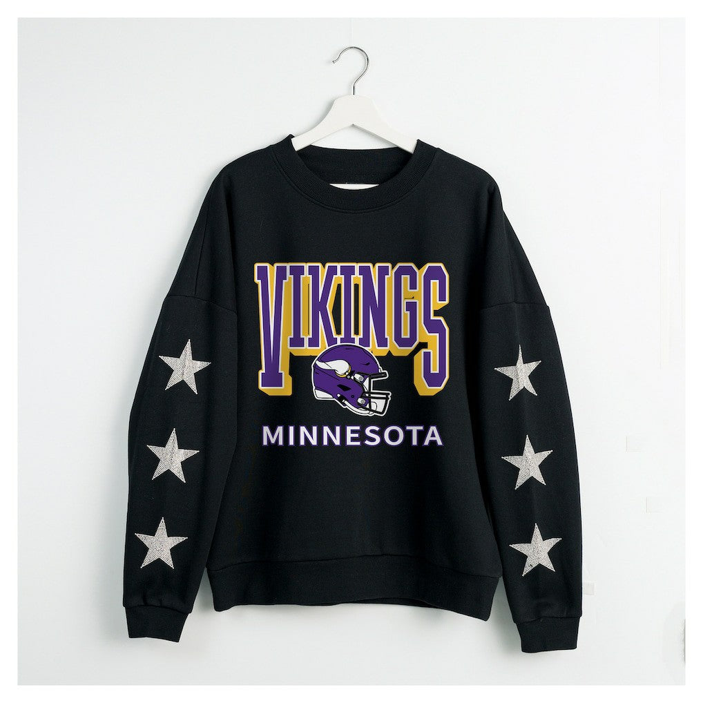 Minnesota Vikings Gameday Couture Women's Pure Victory Rhinestud Star-Sleeve Pullover Sweatshirt Black | NFL