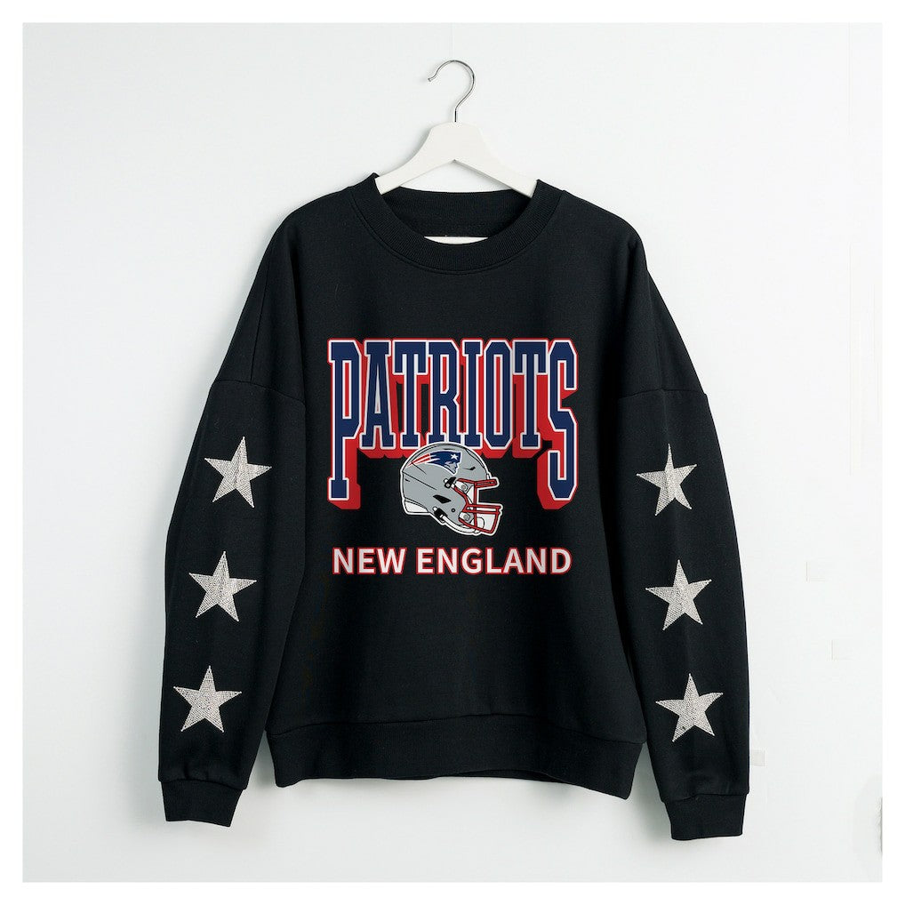 New England Patriots Gameday Couture Women's Pure Victory Rhinestud Star-Sleeve Pullover Sweatshirt Black | NFL