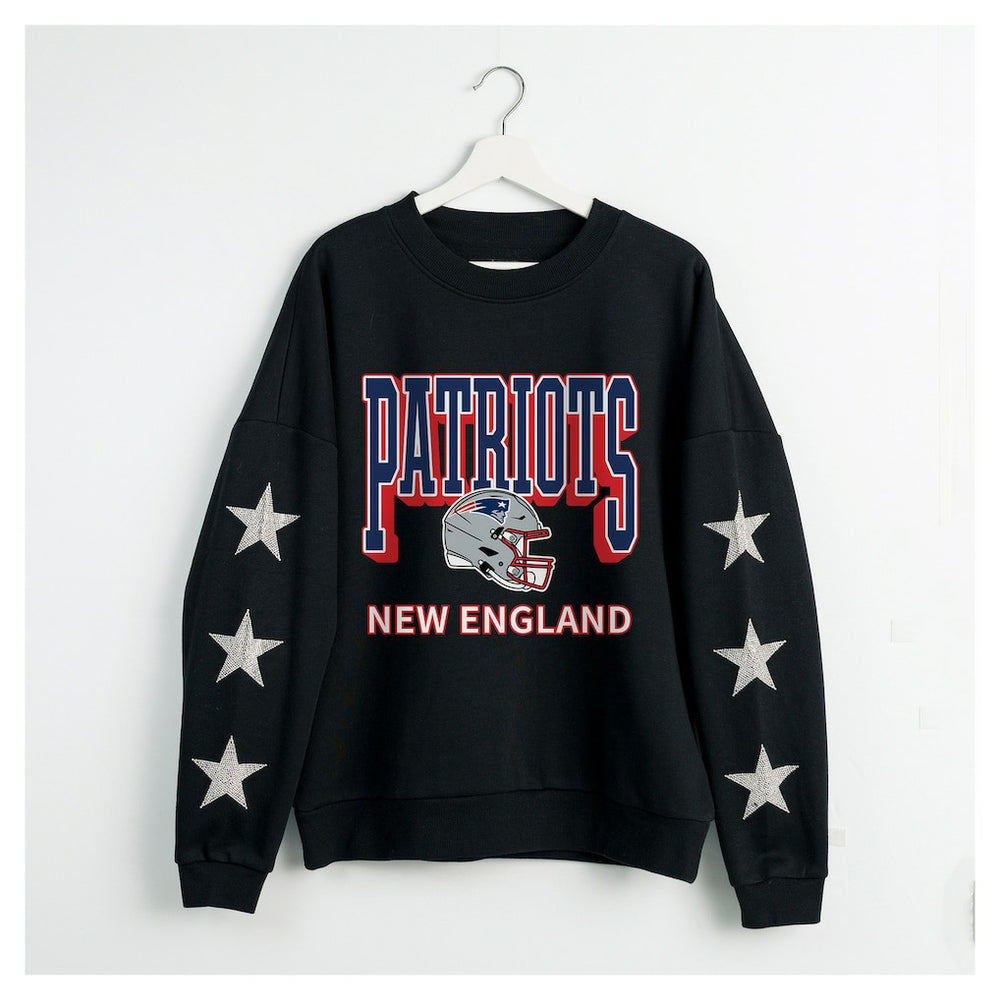 New England Patriots Gameday Couture Women's Pure Victory Rhinestud Star-Sleeve Pullover Sweatshirt Black | NFL