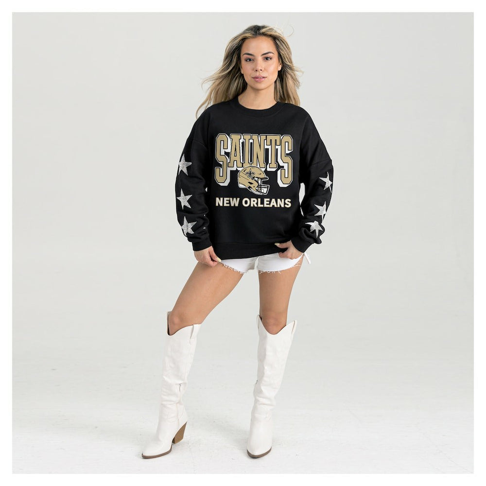 New Orleans Saints Gameday Couture Women's Pure Victory Rhinestud Star-Sleeve Pullover Sweatshirt Black | NFL