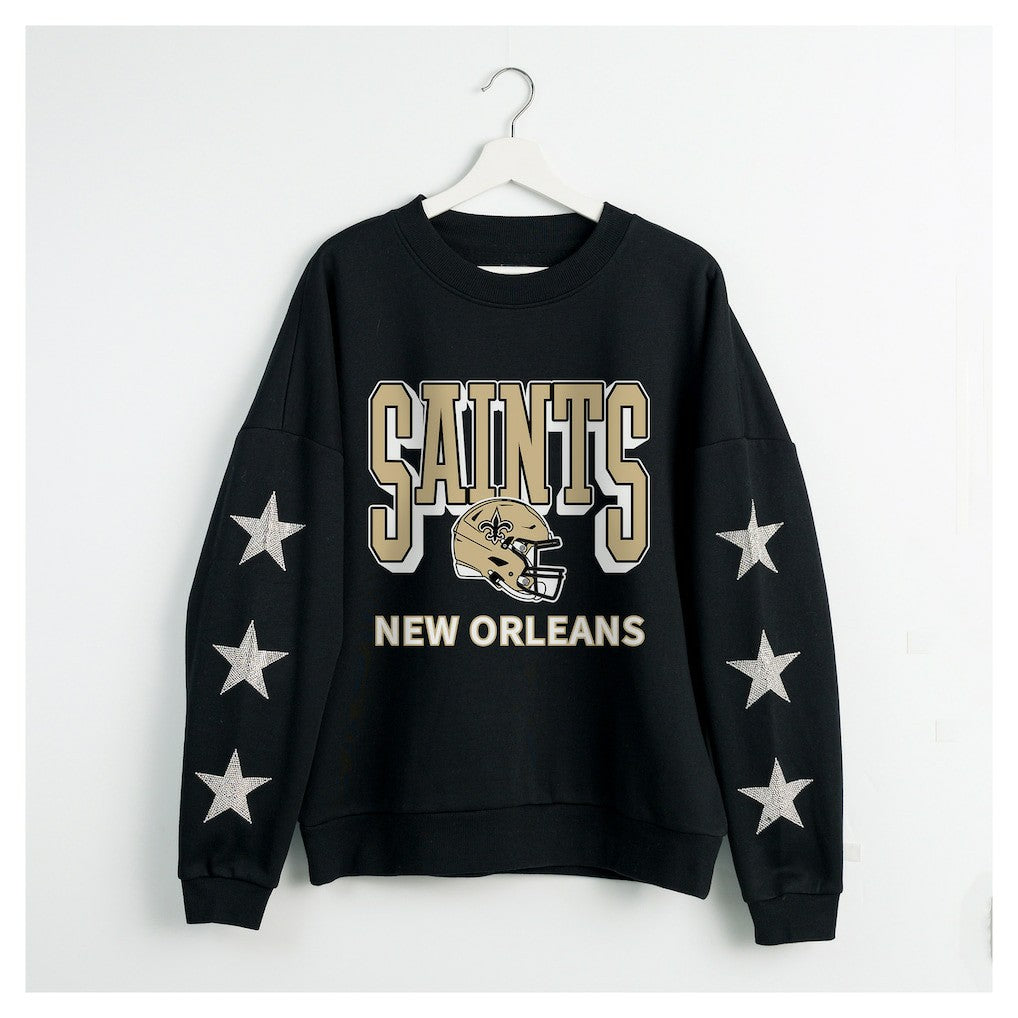 New Orleans Saints Gameday Couture Women's Pure Victory Rhinestud Star-Sleeve Pullover Sweatshirt Black | NFL