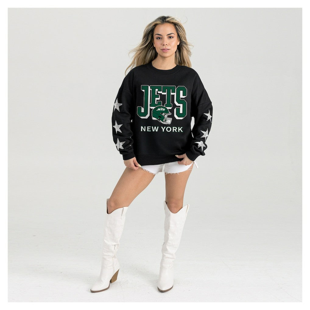 New York Jets Gameday Couture Women's Pure Victory Rhinestud Star-Sleeve Pullover Sweatshirt Black | NFL
