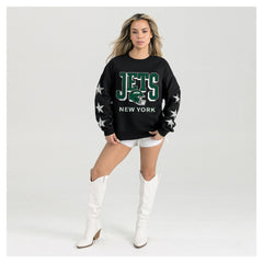 New York Jets Gameday Couture Women's Pure Victory Rhinestud Star-Sleeve Pullover Sweatshirt Black | NFL