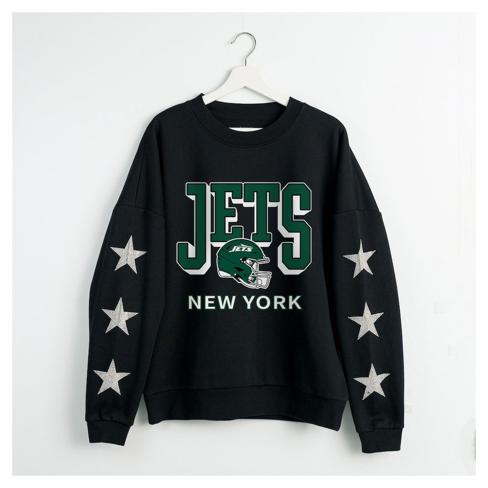 New York Jets Gameday Couture Women's Pure Victory Rhinestud Star-Sleeve Pullover Sweatshirt Black | NFL
