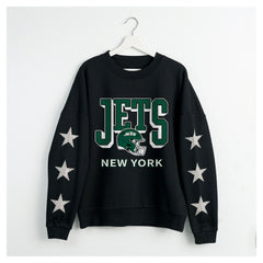 New York Jets Gameday Couture Women's Pure Victory Rhinestud Star-Sleeve Pullover Sweatshirt Black | NFL