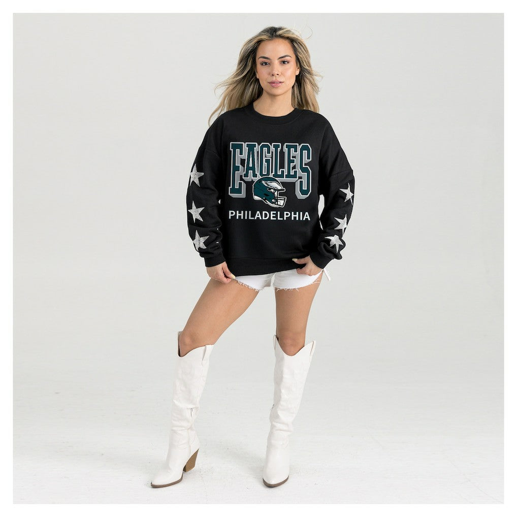 Philadelphia Eagles Gameday Couture Women's Pure Victory Rhinestud Star-Sleeve Pullover Sweatshirt Black | NFL