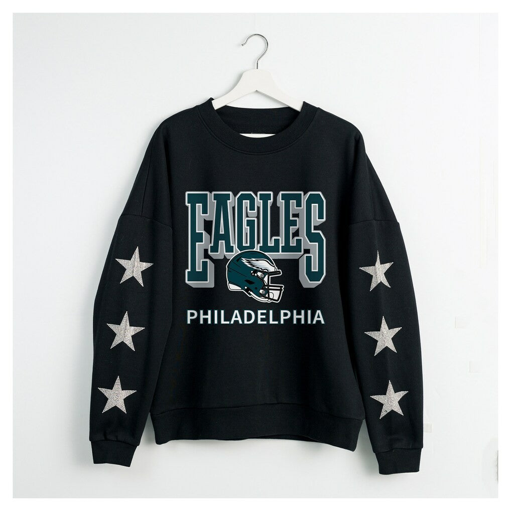Philadelphia Eagles Gameday Couture Women's Pure Victory Rhinestud Star-Sleeve Pullover Sweatshirt Black | NFL