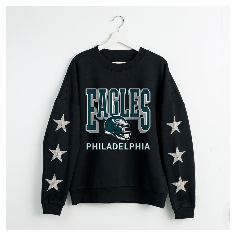 Philadelphia Eagles Gameday Couture Women's Pure Victory Rhinestud Star-Sleeve Pullover Sweatshirt Black | NFL
