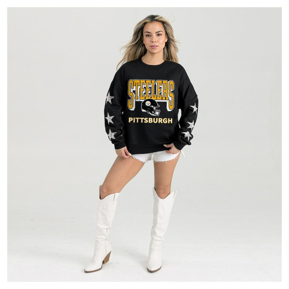 Pittsburgh Steelers Gameday Couture Women's Pure Victory Rhinestud Star-Sleeve Pullover Sweatshirt Black | NFL
