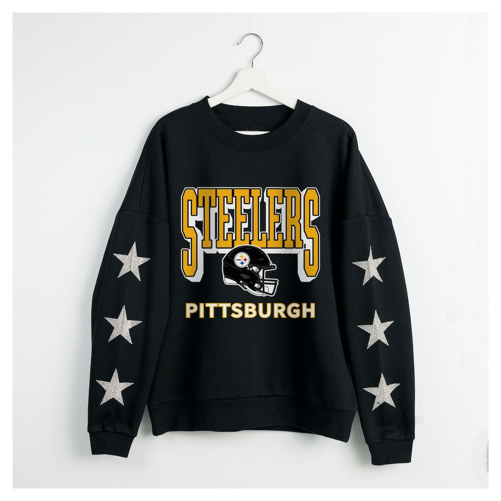 Pittsburgh Steelers Gameday Couture Women's Pure Victory Rhinestud Star-Sleeve Pullover Sweatshirt Black | NFL