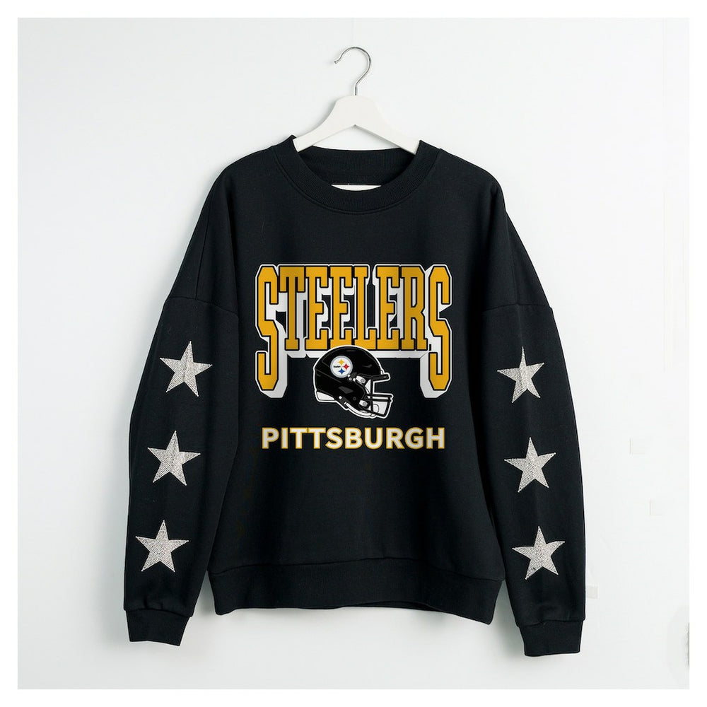Pittsburgh Steelers Gameday Couture Women's Pure Victory Rhinestud Star-Sleeve Pullover Sweatshirt Black | NFL