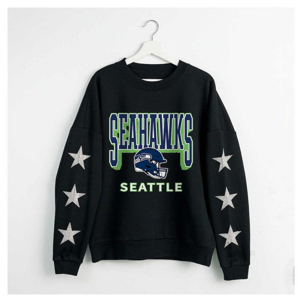 Seattle Seahawks Gameday Couture Women's Pure Victory Rhinestud Star-Sleeve Pullover Sweatshirt Black | NFL