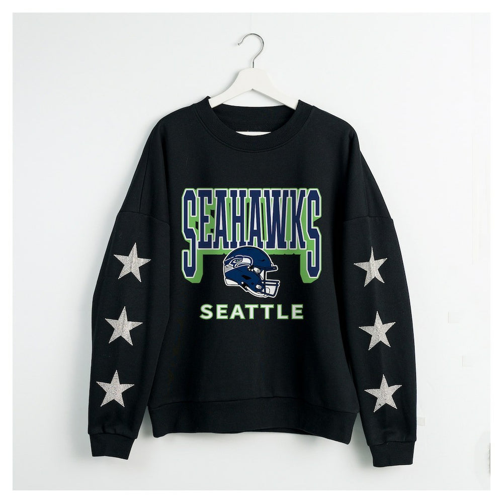 Seattle Seahawks Gameday Couture Women's Pure Victory Rhinestud Star-Sleeve Pullover Sweatshirt Black | NFL