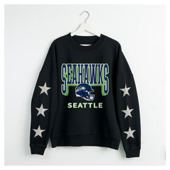 Seattle Seahawks Gameday Couture Women's Pure Victory Rhinestud Star-Sleeve Pullover Sweatshirt Black | NFL