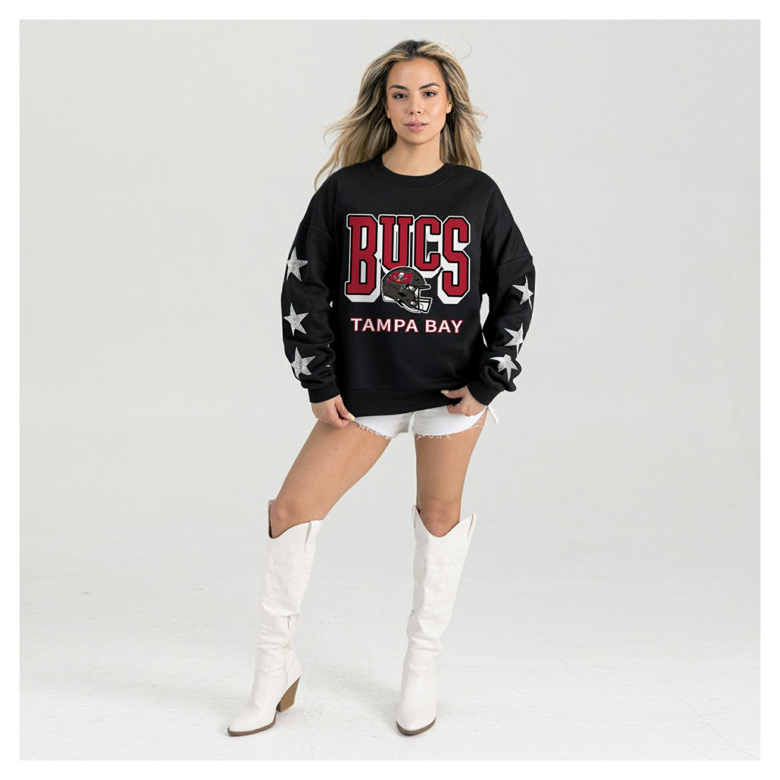 Tampa Bay Buccaneers Gameday Couture Women's Pure Victory Rhinestud Star-Sleeve Pullover Sweatshirt Black | NFL