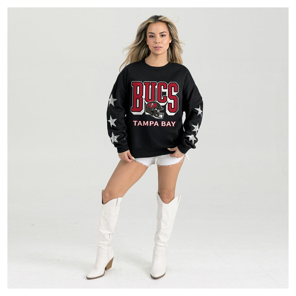 Tampa Bay Buccaneers Gameday Couture Women's Pure Victory Rhinestud Star-Sleeve Pullover Sweatshirt Black | NFL