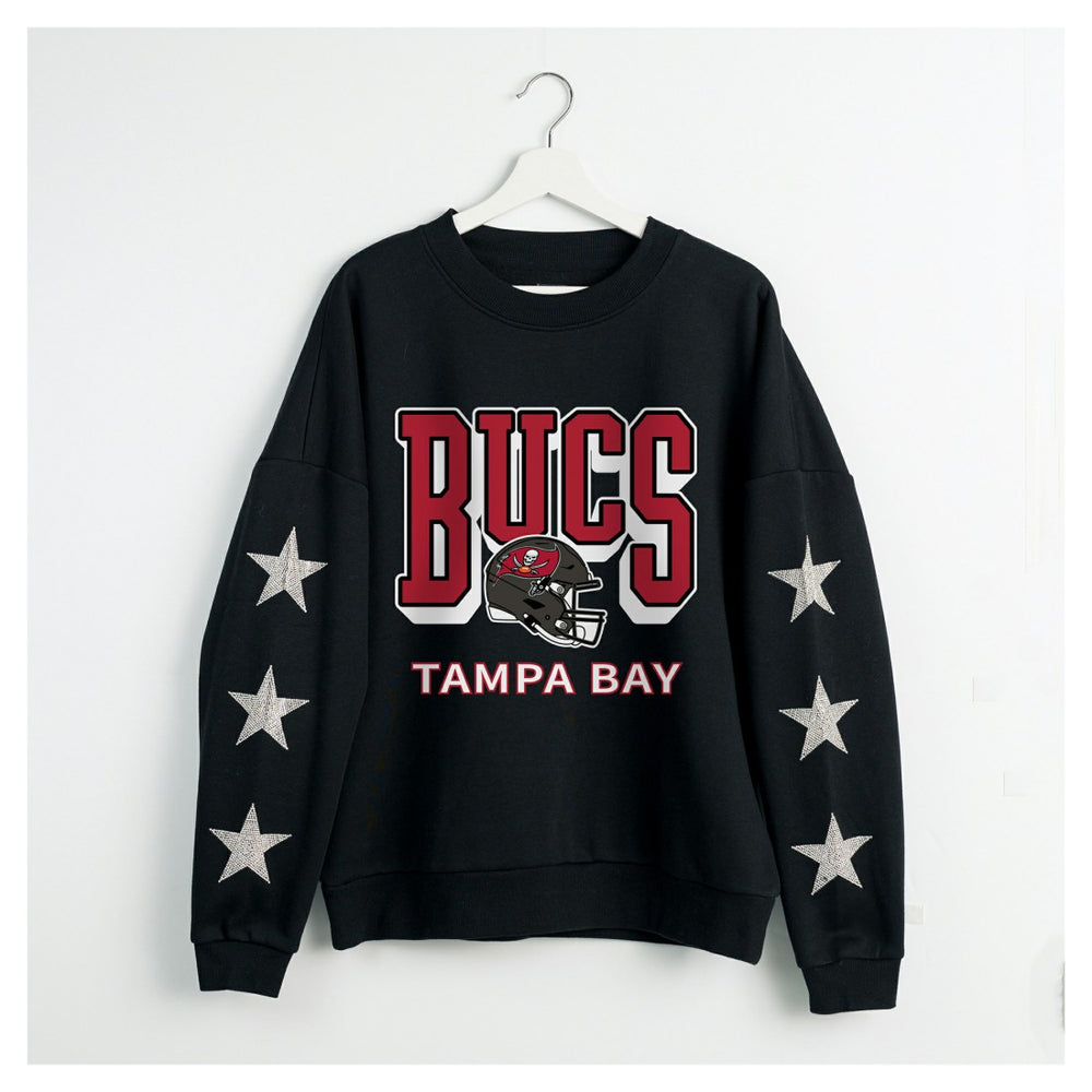 Tampa Bay Buccaneers Gameday Couture Women's Pure Victory Rhinestud Star-Sleeve Pullover Sweatshirt Black | NFL