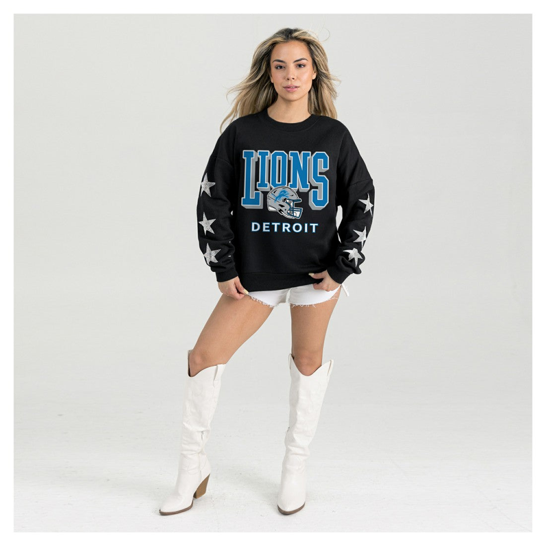 Detroit Lions Gameday Couture Women's Pure Victory Rhinestud Star-Sleeve Pullover Sweatshirt Black | NFL