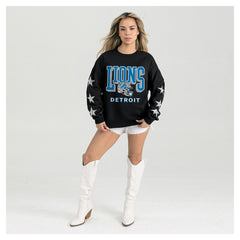 Detroit Lions Gameday Couture Women's Pure Victory Rhinestud Star-Sleeve Pullover Sweatshirt Black | NFL