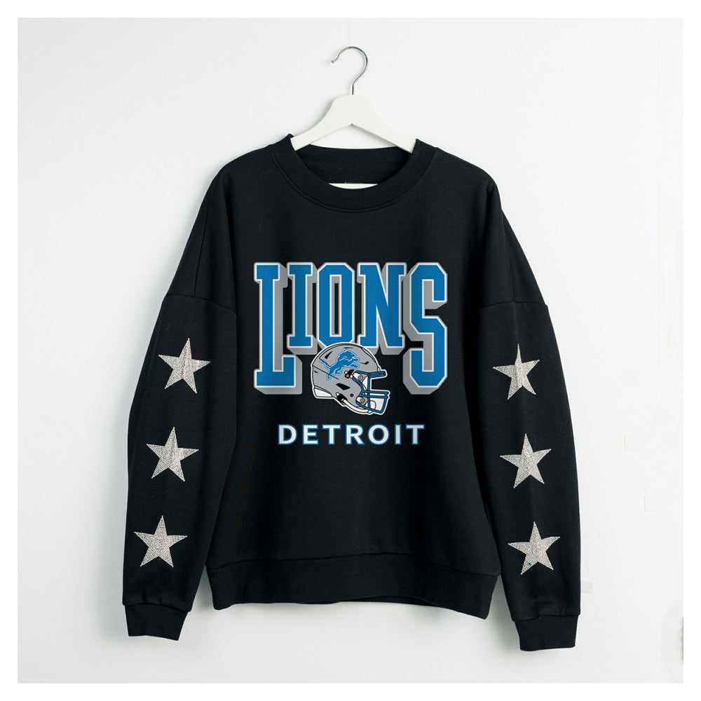 Detroit Lions Gameday Couture Women's Pure Victory Rhinestud Star-Sleeve Pullover Sweatshirt Black | NFL
