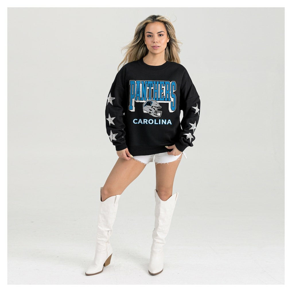 Carolina Panthers Gameday Couture Women's Pure Victory Rhinestud Star-Sleeve Pullover Sweatshirt Black | NFL