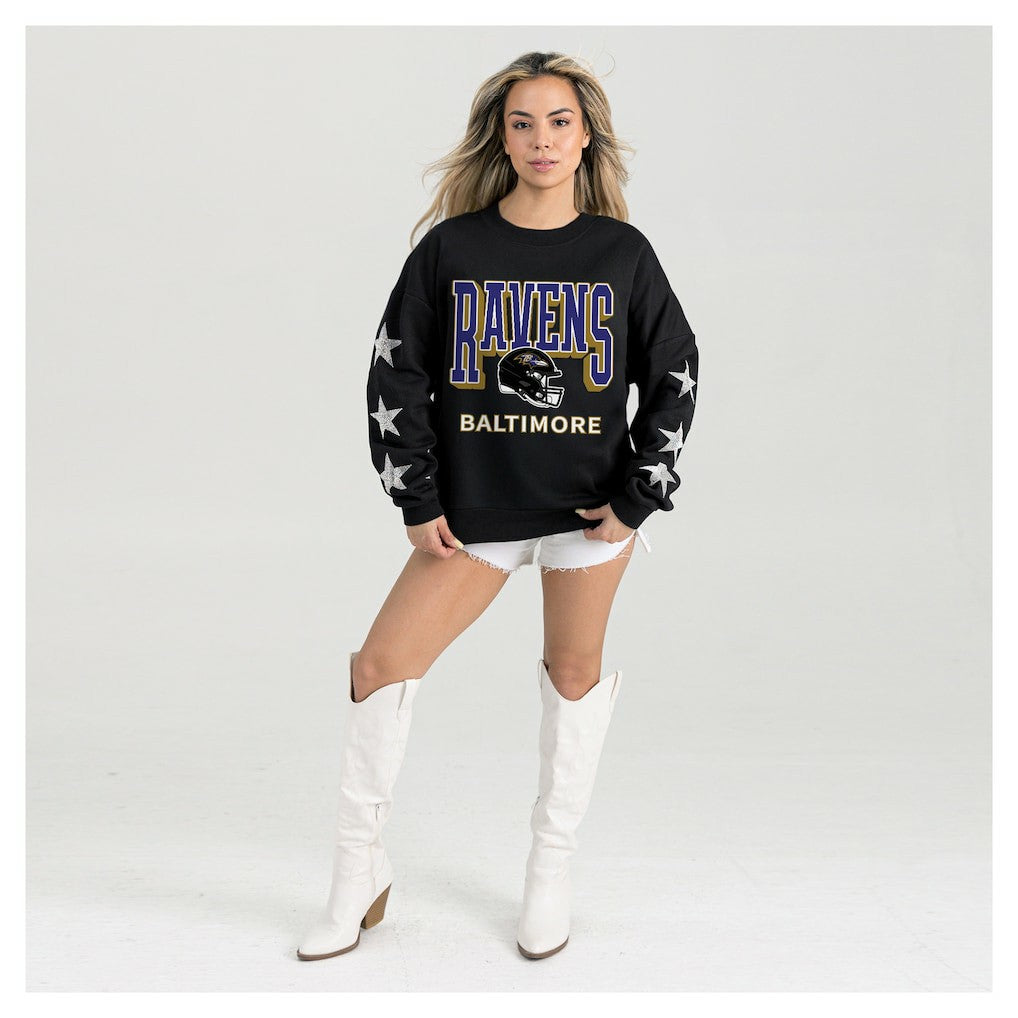 Baltimore Ravens Gameday Couture Women's Pure Victory Rhinestud Star-Sleeve Pullover Sweatshirt Black | NFL