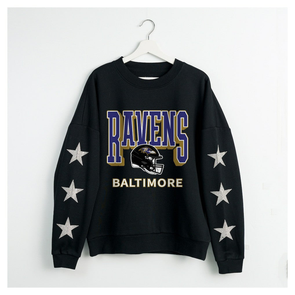 Baltimore Ravens Gameday Couture Women's Pure Victory Rhinestud Star-Sleeve Pullover Sweatshirt Black | NFL