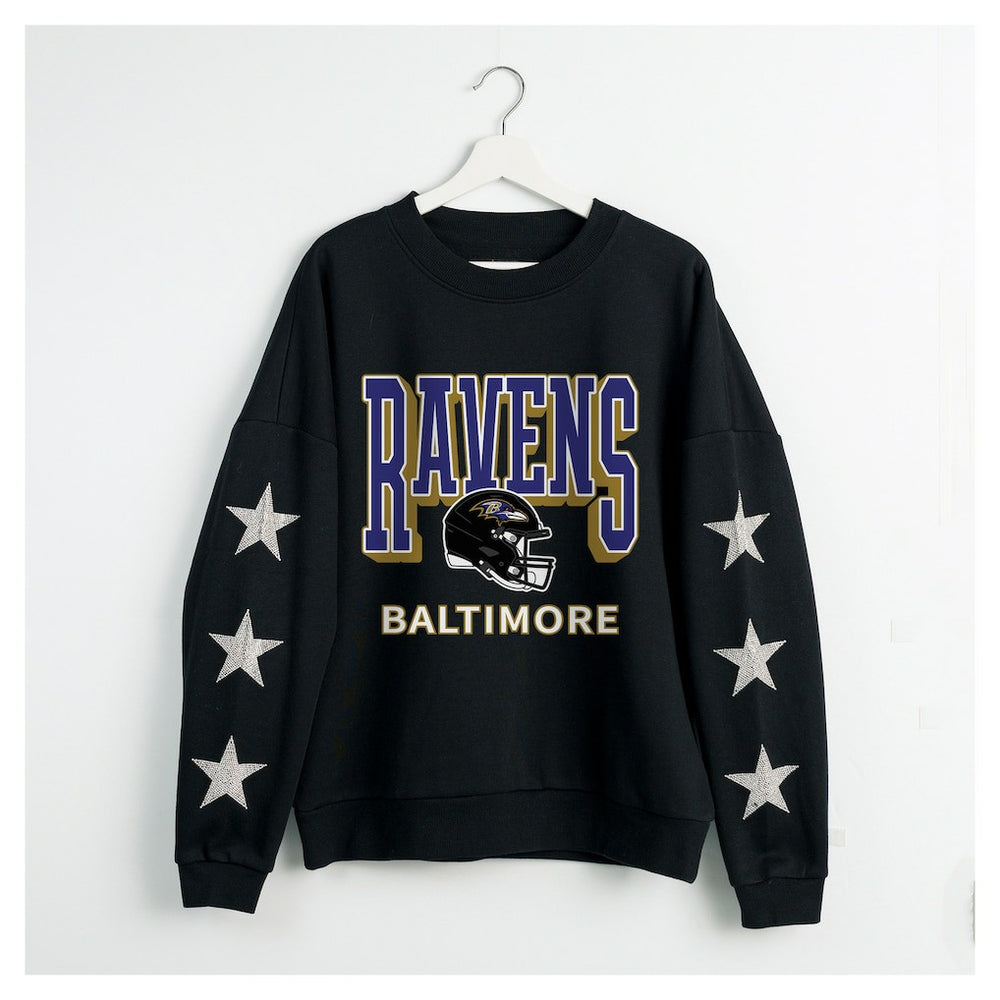 Baltimore Ravens Gameday Couture Women's Pure Victory Rhinestud Star-Sleeve Pullover Sweatshirt Black | NFL