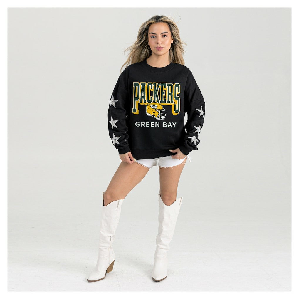 Green Bay Packers Gameday Couture Women's Pure Victory Rhinestud Star-Sleeve Pullover Sweatshirt Black | NFL