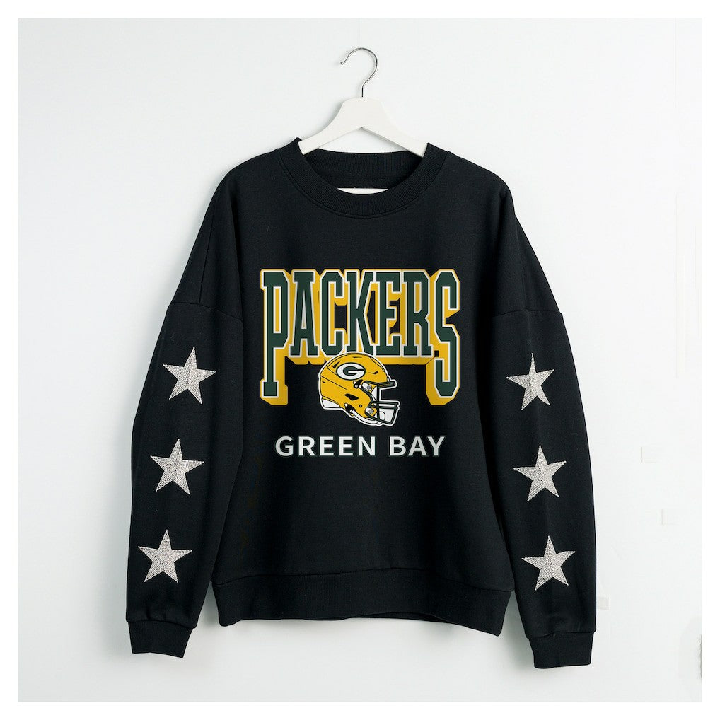 Green Bay Packers Gameday Couture Women's Pure Victory Rhinestud Star-Sleeve Pullover Sweatshirt Black | NFL